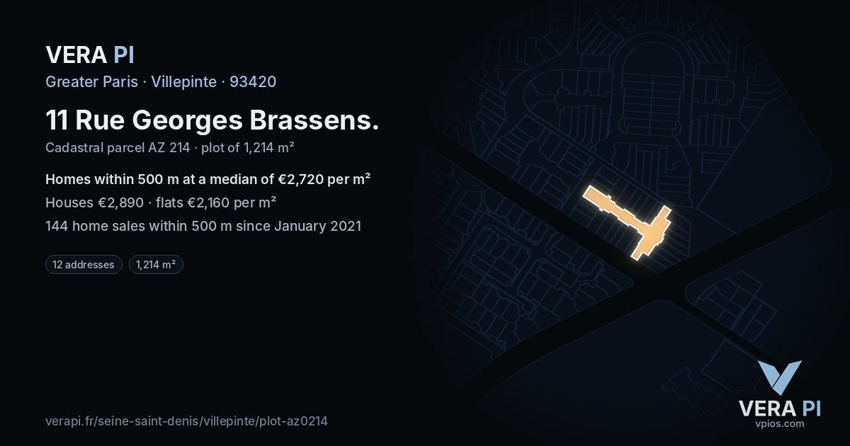 11 Rue Georges Brassens, Villepinte at night – the plot lit, the parcels around coloured by the prices near them