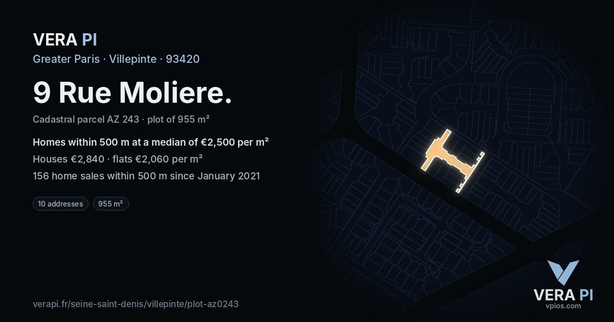 9 Rue Moliere, Villepinte at night – the plot lit, the parcels around coloured by the prices near them