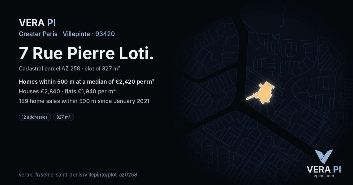 7 Rue Pierre Loti, Villepinte at night – the plot lit, the parcels around coloured by the prices near them