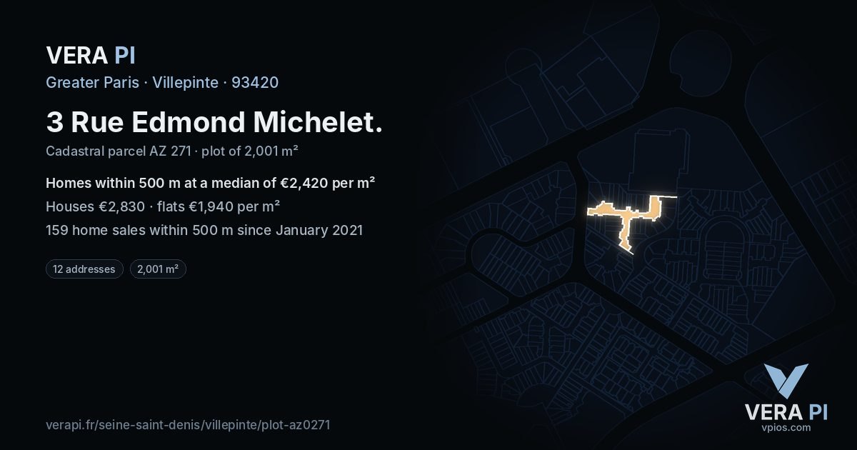 3 Rue Edmond Michelet, Villepinte at night – the plot lit, the parcels around coloured by the prices near them