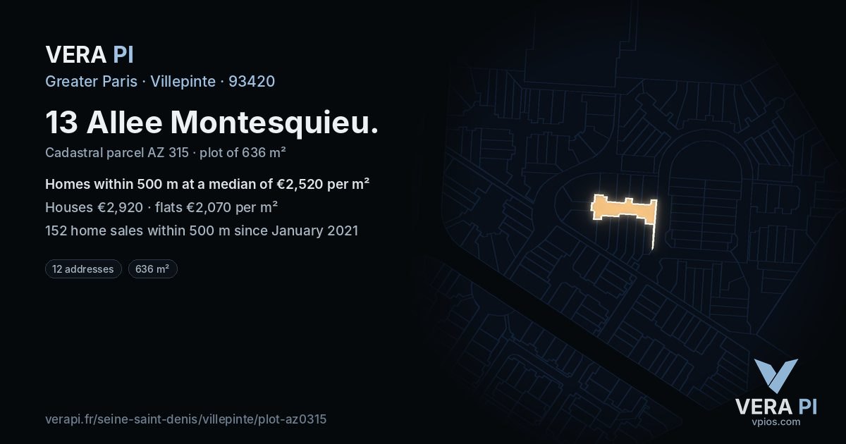 13 Allee Montesquieu, Villepinte at night – the plot lit, the parcels around coloured by the prices near them