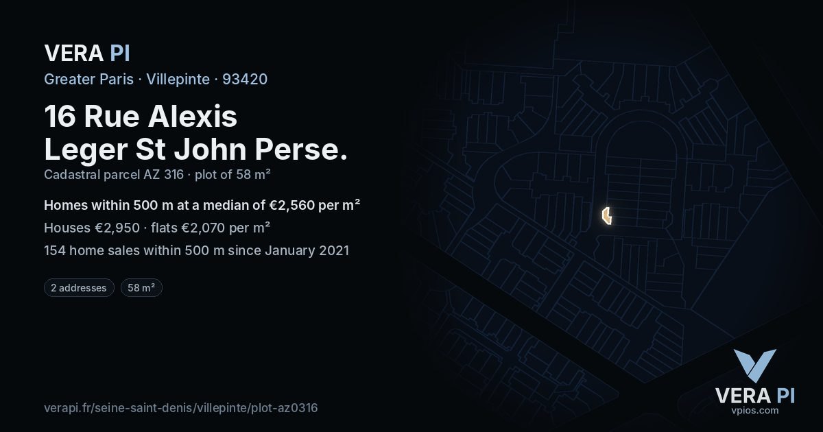 16 Rue Alexis Leger St John Perse, Villepinte at night – the plot lit, the parcels around coloured by the prices near them