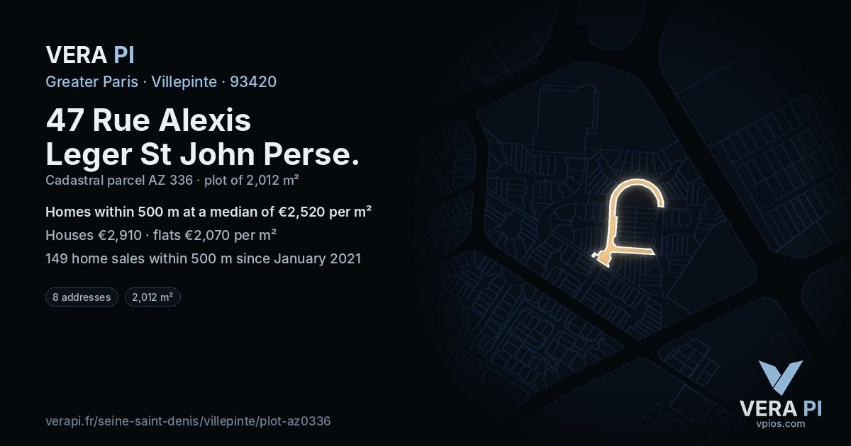 47 Rue Alexis Leger St John Perse, Villepinte at night – the plot lit, the parcels around coloured by the prices near them