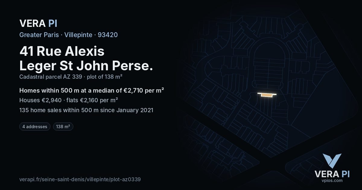 41 Rue Alexis Leger St John Perse, Villepinte at night – the plot lit, the parcels around coloured by the prices near them