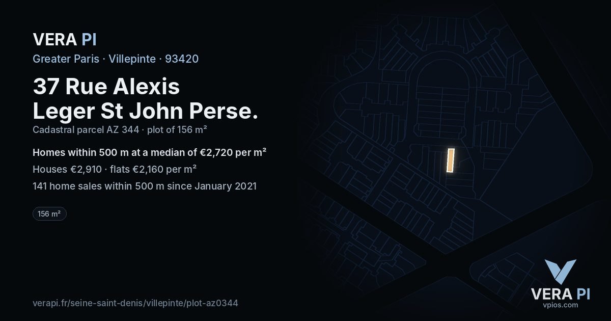 37 Rue Alexis Leger St John Perse, Villepinte at night – the plot lit, the parcels around coloured by the prices near them