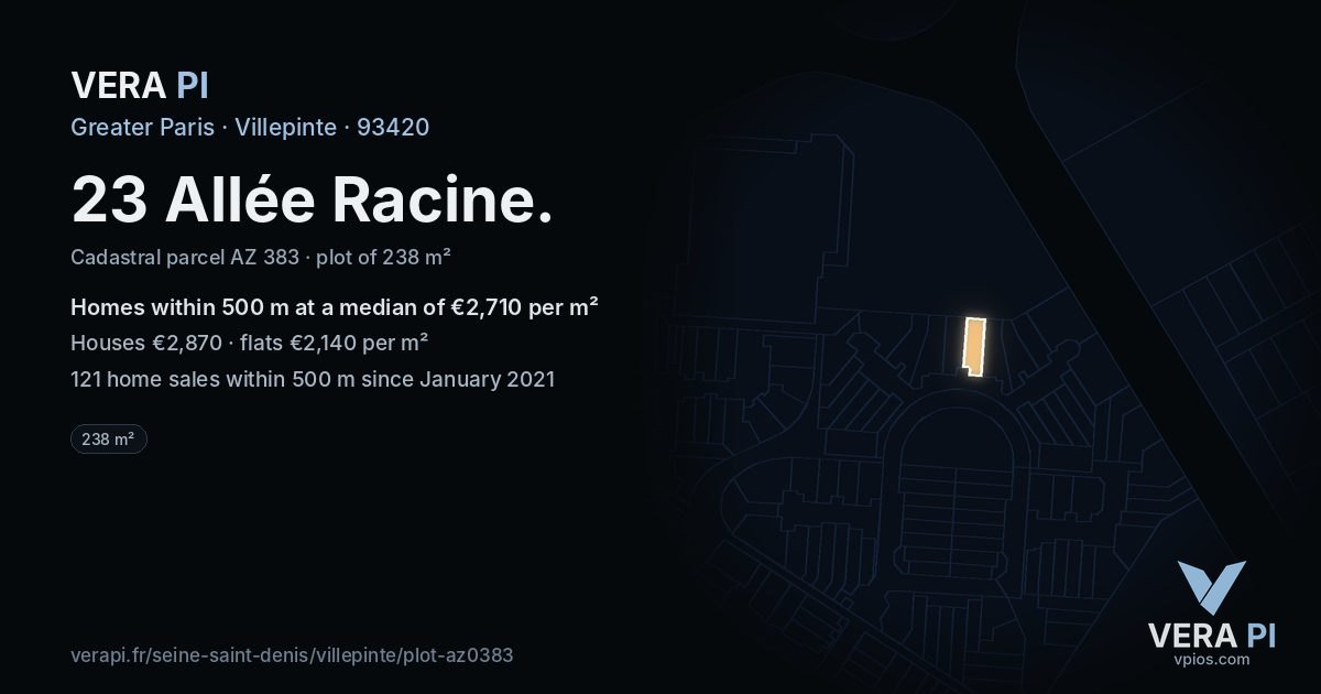 23 Allée Racine, Villepinte at night – the plot lit, the parcels around coloured by the prices near them