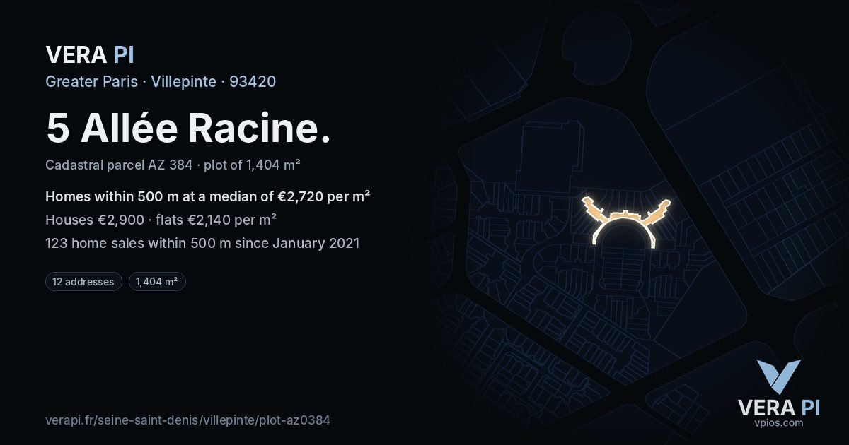 5 Allée Racine, Villepinte at night – the plot lit, the parcels around coloured by the prices near them