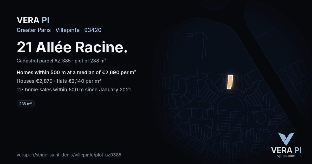 21 Allée Racine, Villepinte at night – the plot lit, the parcels around coloured by the prices near them
