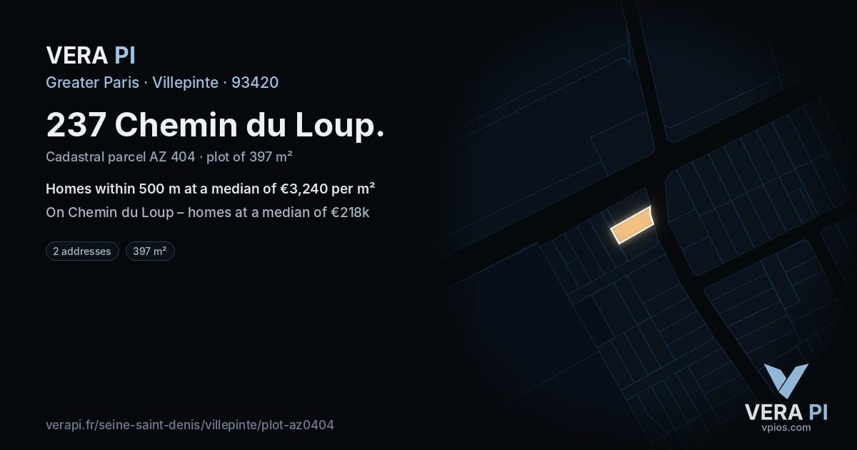 237 Chemin du Loup, Villepinte at night – the plot lit, the parcels around coloured by the prices near them