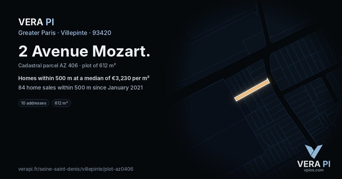 2 Avenue Mozart, Villepinte at night – the plot lit, the parcels around coloured by the prices near them