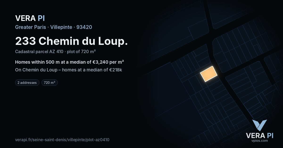 233 Chemin du Loup, Villepinte at night – the plot lit, the parcels around coloured by the prices near them