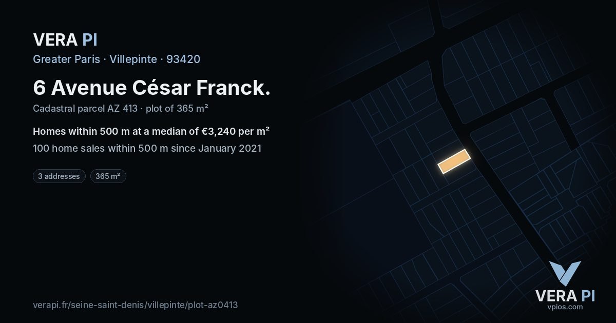 6 Avenue César Franck, Villepinte at night – the plot lit, the parcels around coloured by the prices near them