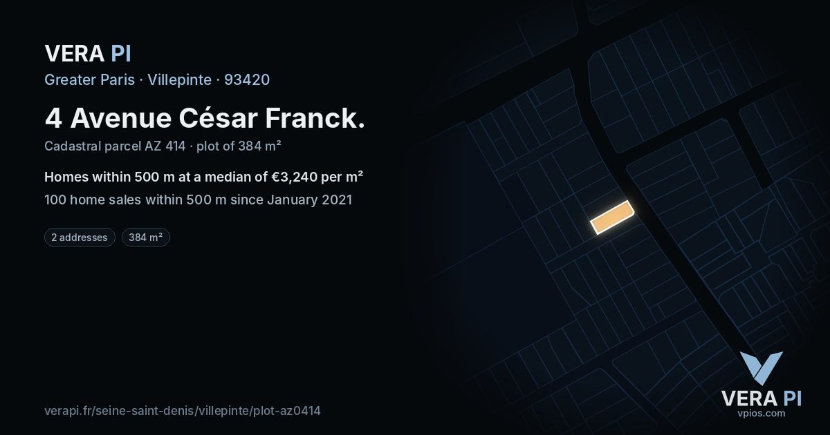 4 Avenue César Franck, Villepinte at night – the plot lit, the parcels around coloured by the prices near them