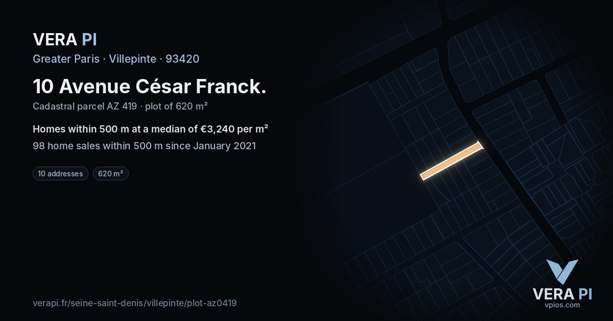 10 Avenue César Franck, Villepinte at night – the plot lit, the parcels around coloured by the prices near them