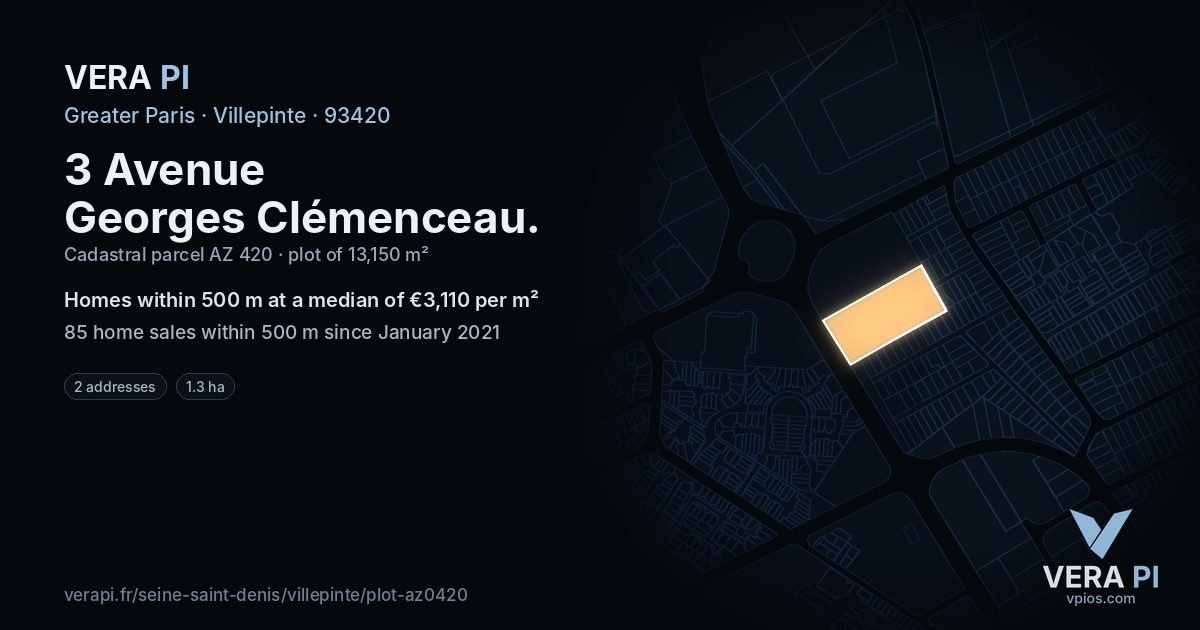 3 Avenue Georges Clémenceau, Villepinte at night – the plot lit, the parcels around coloured by the prices near them