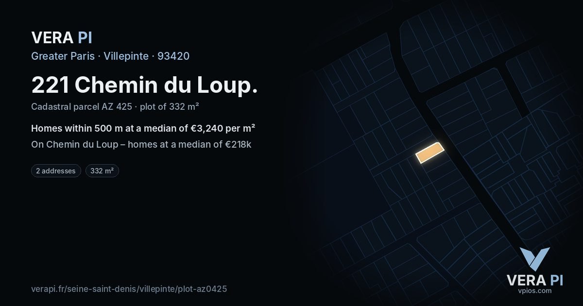 221 Chemin du Loup, Villepinte at night – the plot lit, the parcels around coloured by the prices near them