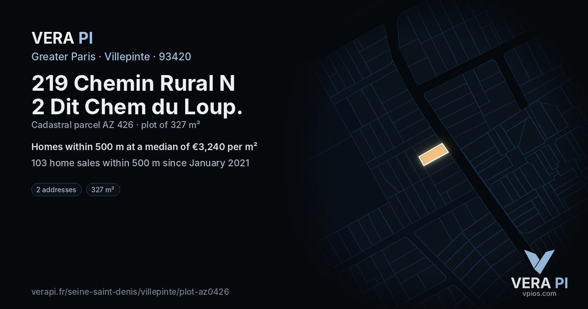 219 Chemin Rural N 2 Dit Chem du Loup, Villepinte at night – the plot lit, the parcels around coloured by the prices near them