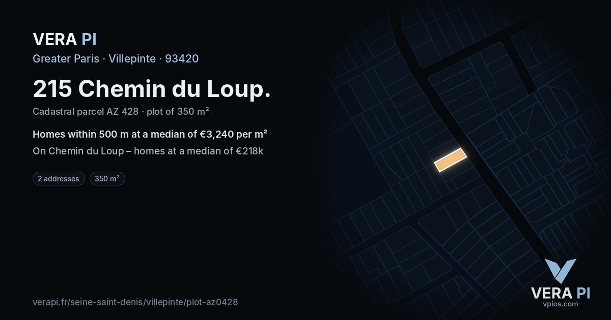 215 Chemin du Loup, Villepinte at night – the plot lit, the parcels around coloured by the prices near them
