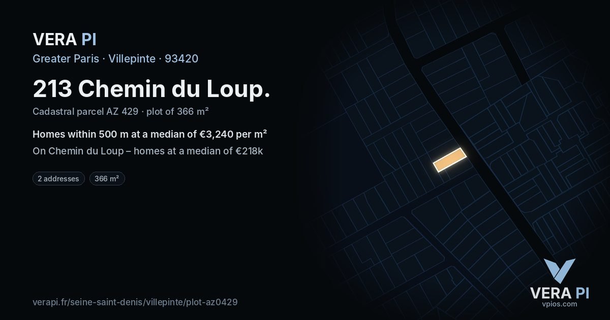 213 Chemin du Loup, Villepinte at night – the plot lit, the parcels around coloured by the prices near them