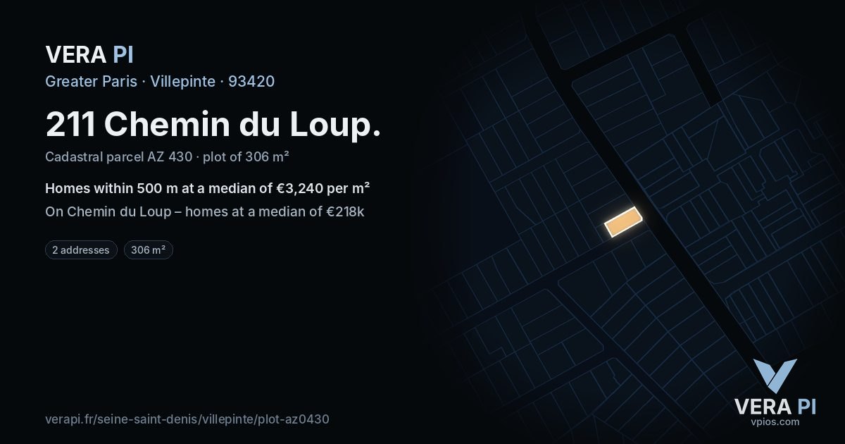 211 Chemin du Loup, Villepinte at night – the plot lit, the parcels around coloured by the prices near them