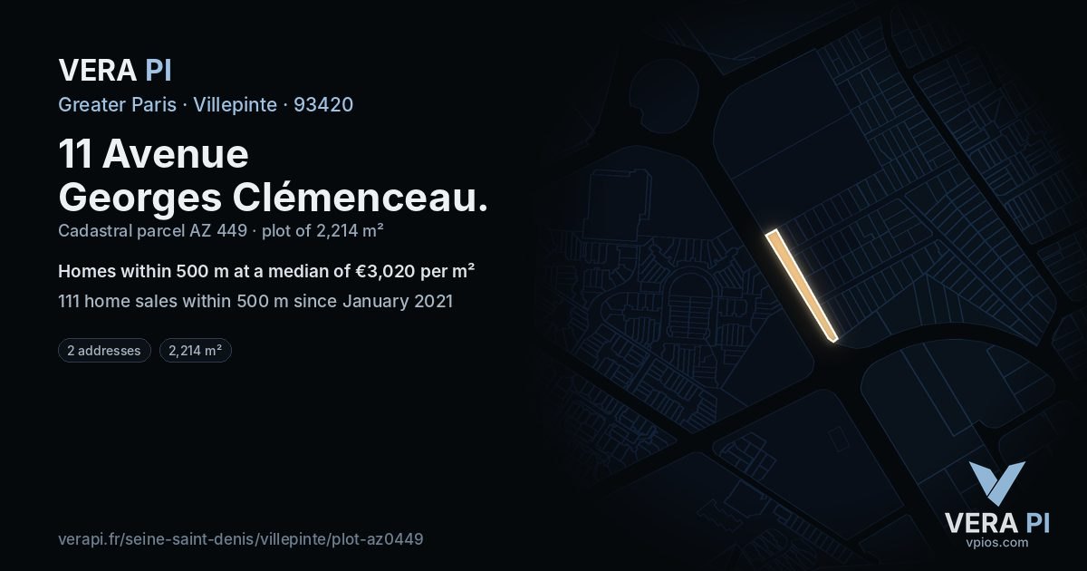 11 Avenue Georges Clémenceau, Villepinte at night – the plot lit, the parcels around coloured by the prices near them