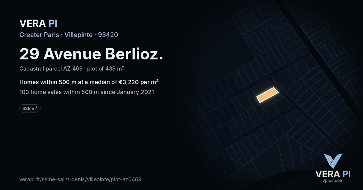 29 Avenue Berlioz, Villepinte at night – the plot lit, the parcels around coloured by the prices near them