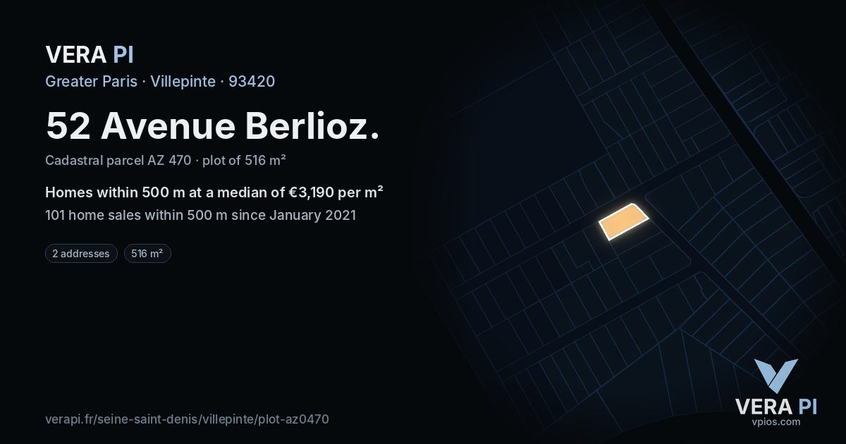 52 Avenue Berlioz, Villepinte at night – the plot lit, the parcels around coloured by the prices near them