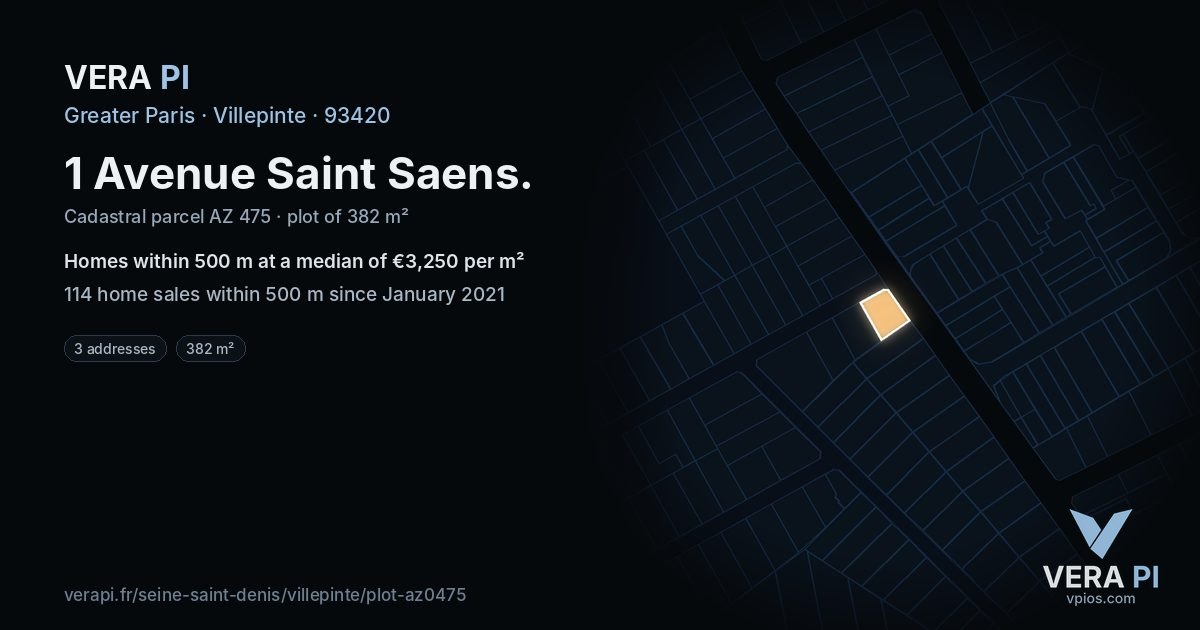 1 Avenue Saint Saens, Villepinte at night – the plot lit, the parcels around coloured by the prices near them