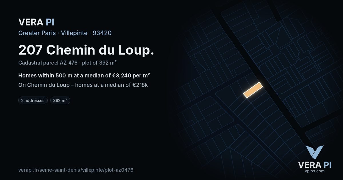 207 Chemin du Loup, Villepinte at night – the plot lit, the parcels around coloured by the prices near them