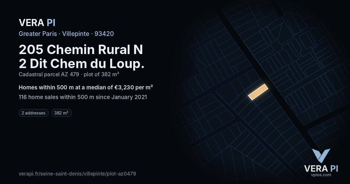 205 Chemin Rural N 2 Dit Chem du Loup, Villepinte at night – the plot lit, the parcels around coloured by the prices near them