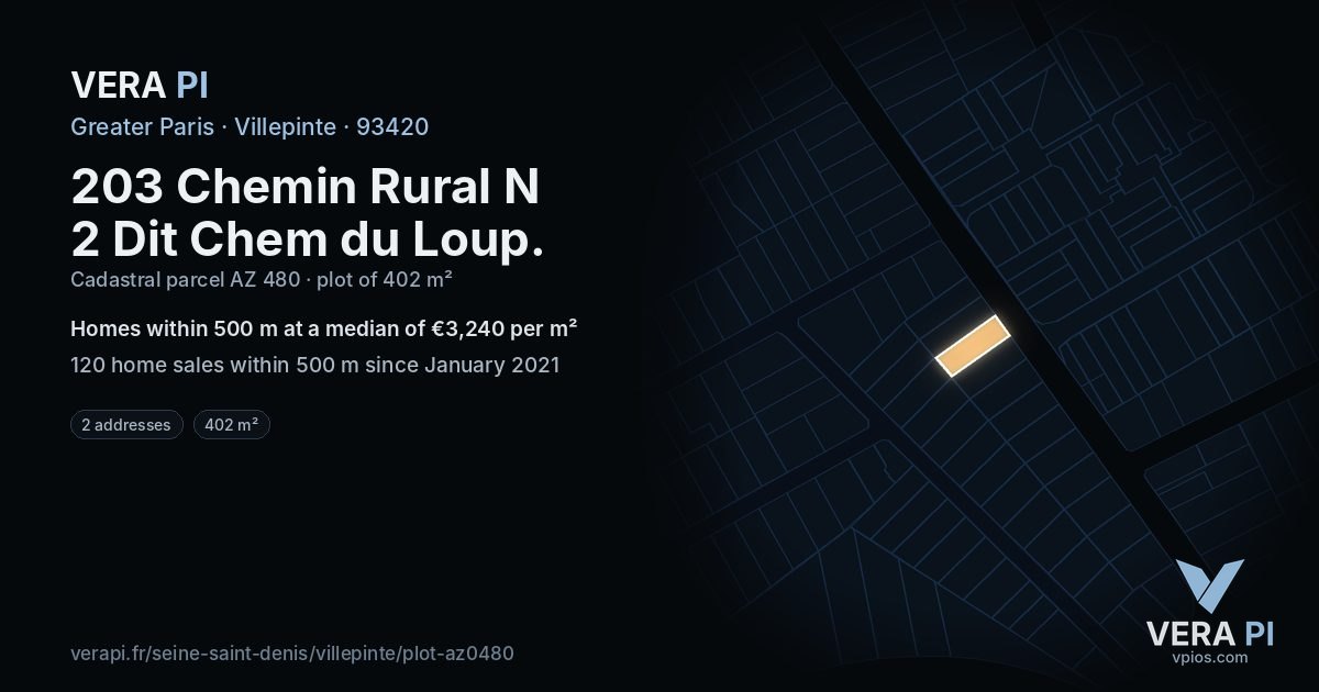 203 Chemin Rural N 2 Dit Chem du Loup, Villepinte at night – the plot lit, the parcels around coloured by the prices near them