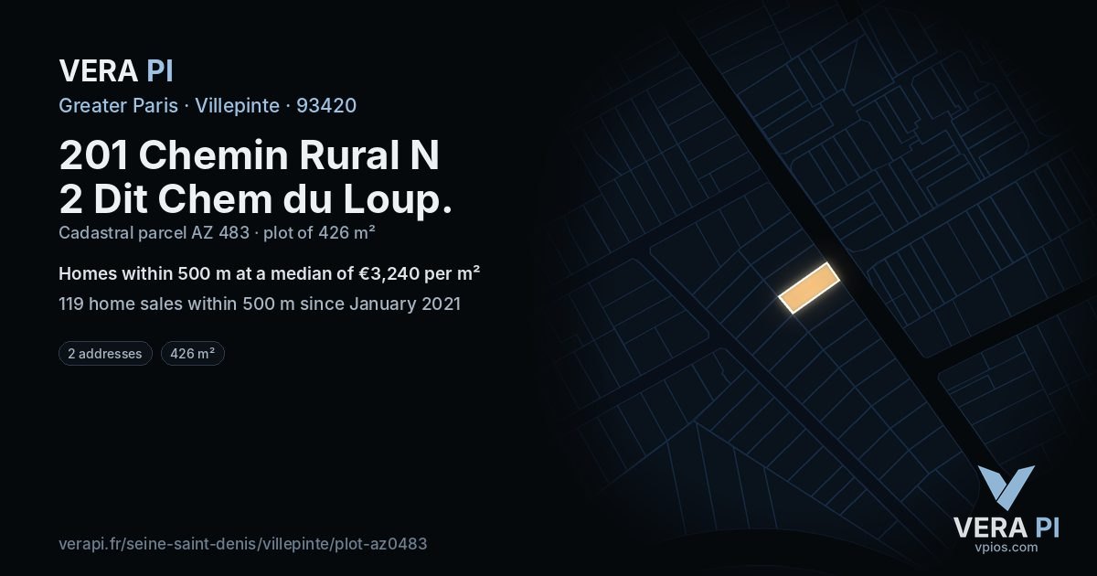 201 Chemin Rural N 2 Dit Chem du Loup, Villepinte at night – the plot lit, the parcels around coloured by the prices near them