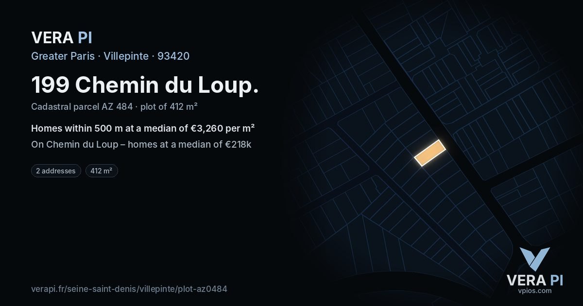 199 Chemin du Loup, Villepinte at night – the plot lit, the parcels around coloured by the prices near them