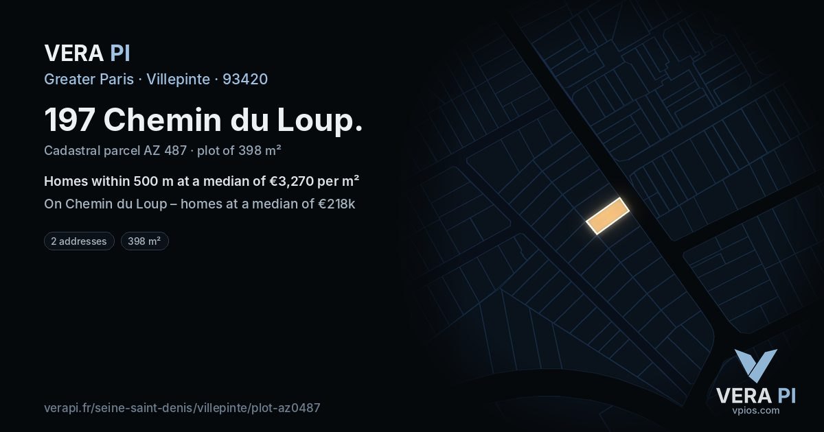 197 Chemin du Loup, Villepinte at night – the plot lit, the parcels around coloured by the prices near them
