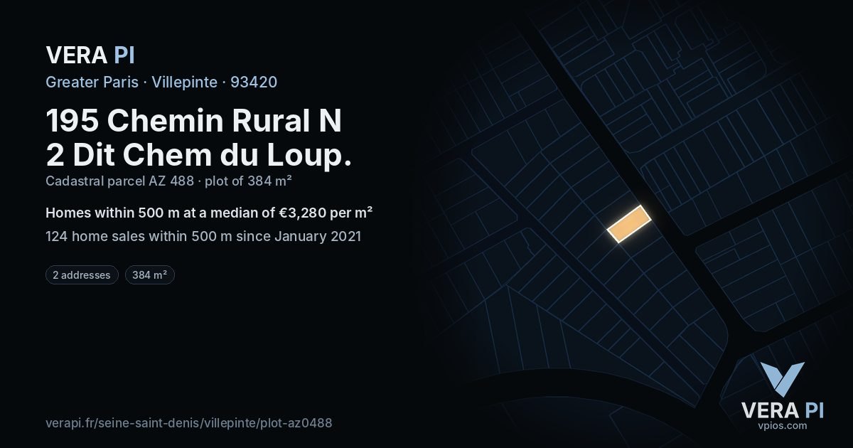 195 Chemin Rural N 2 Dit Chem du Loup, Villepinte at night – the plot lit, the parcels around coloured by the prices near them