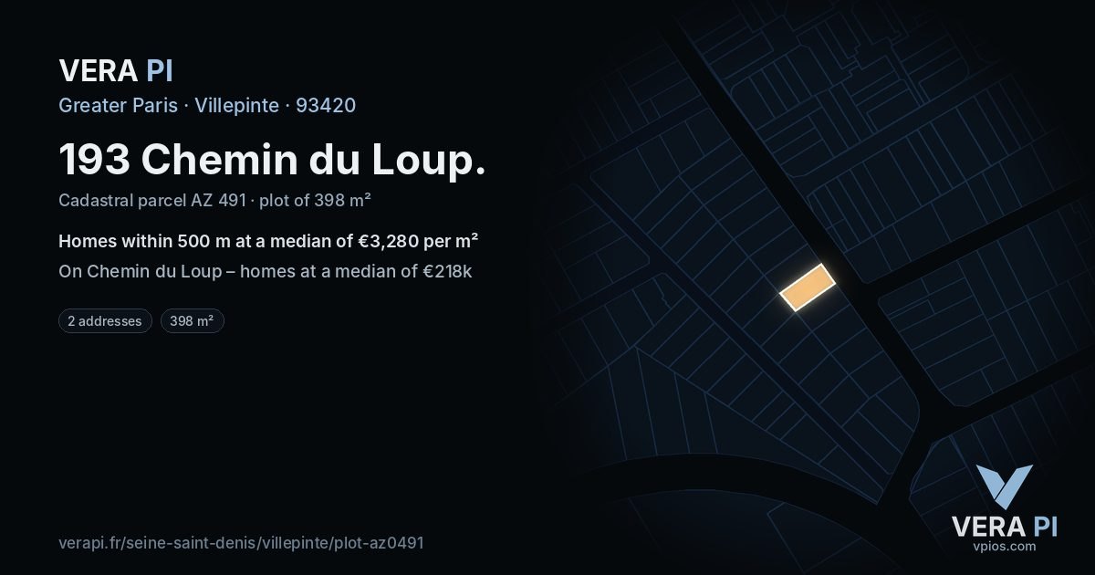 193 Chemin du Loup, Villepinte at night – the plot lit, the parcels around coloured by the prices near them