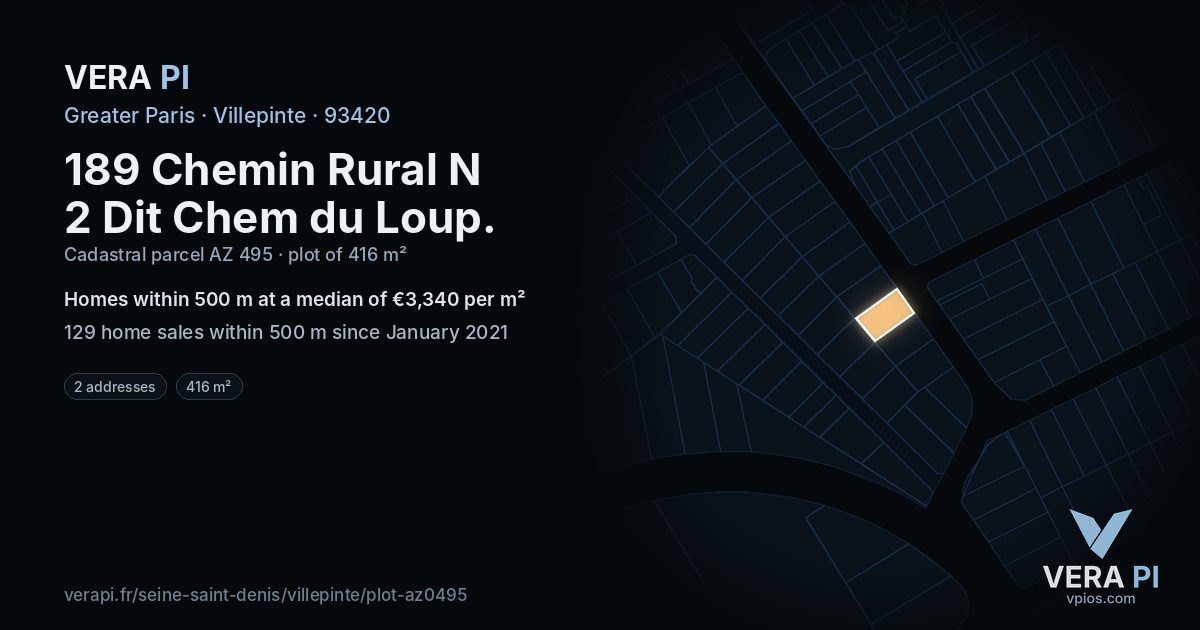 189 Chemin Rural N 2 Dit Chem du Loup, Villepinte at night – the plot lit, the parcels around coloured by the prices near them