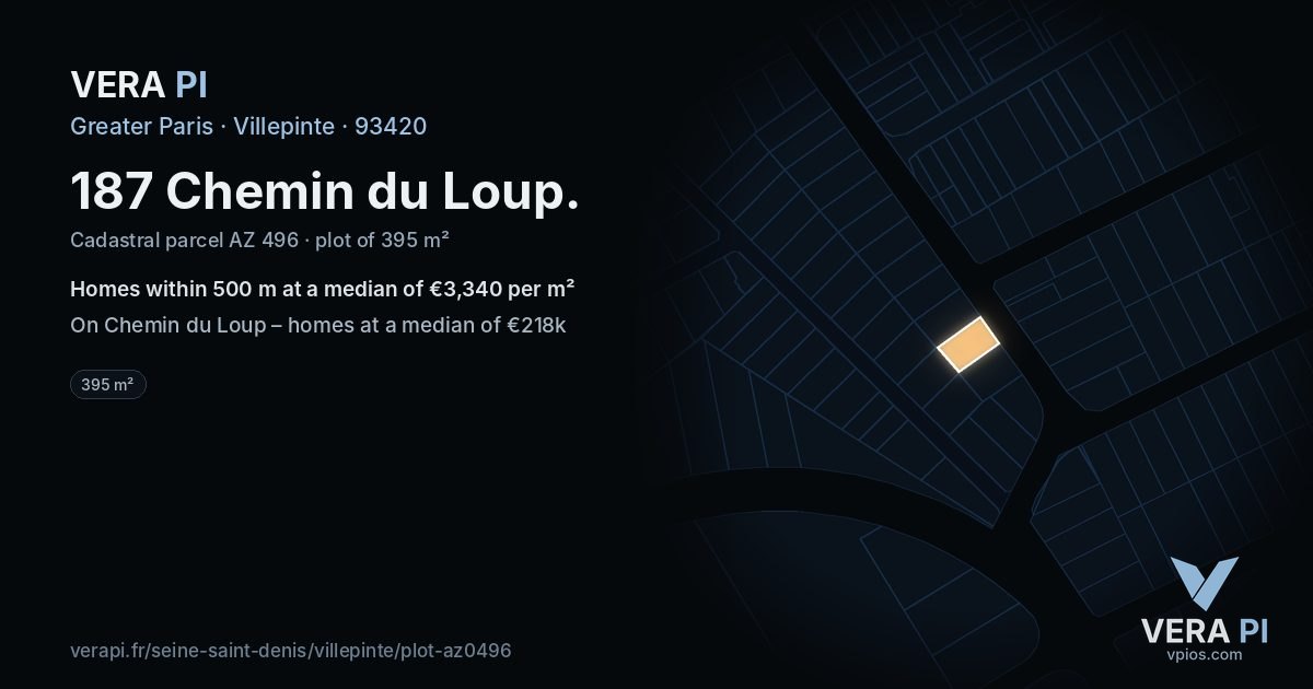 187 Chemin du Loup, Villepinte at night – the plot lit, the parcels around coloured by the prices near them