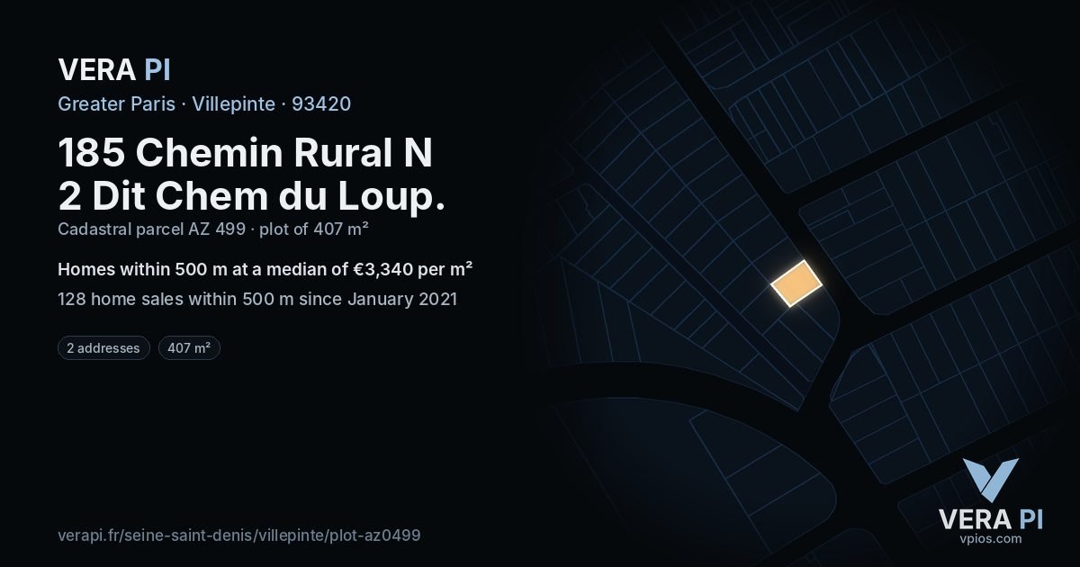 185 Chemin Rural N 2 Dit Chem du Loup, Villepinte at night – the plot lit, the parcels around coloured by the prices near them
