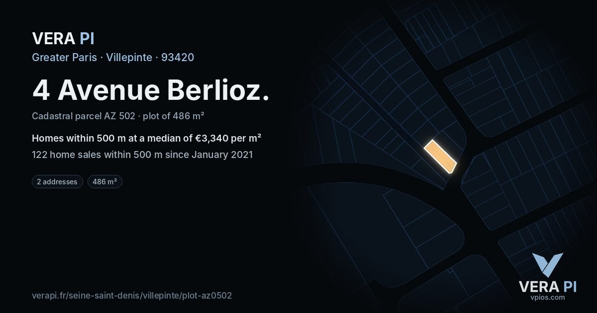 4 Avenue Berlioz, Villepinte at night – the plot lit, the parcels around coloured by the prices near them