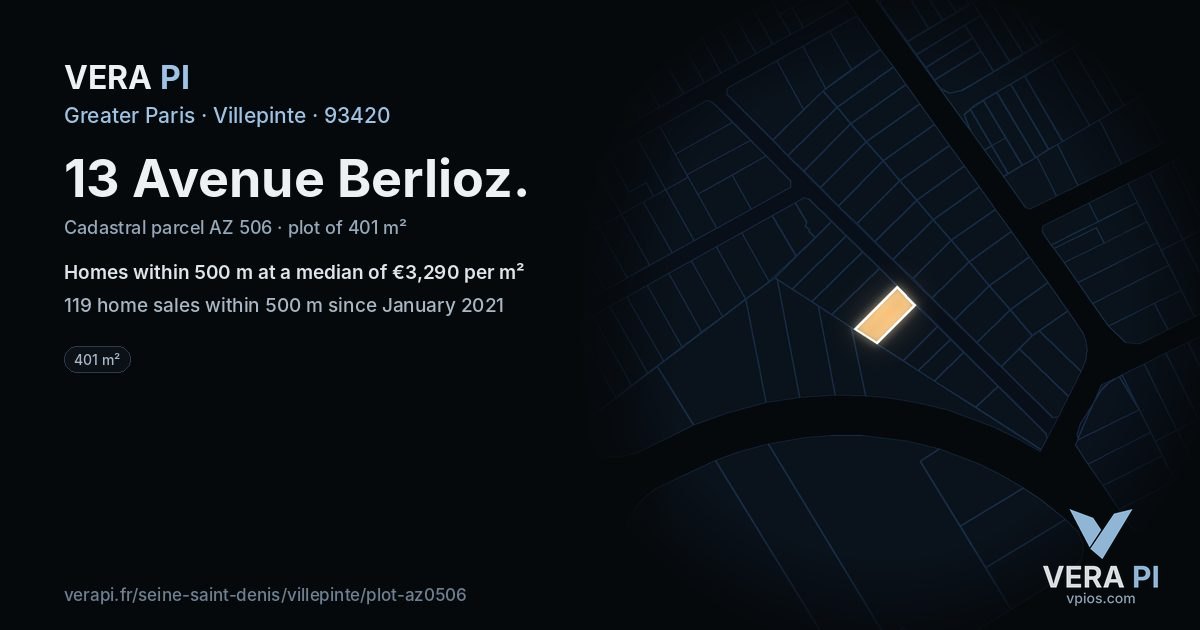 13 Avenue Berlioz, Villepinte at night – the plot lit, the parcels around coloured by the prices near them