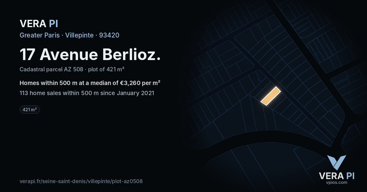 17 Avenue Berlioz, Villepinte at night – the plot lit, the parcels around coloured by the prices near them