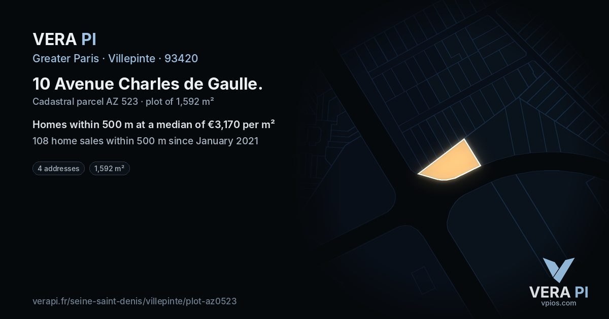 10 Avenue Charles de Gaulle, Villepinte at night – the plot lit, the parcels around coloured by the prices near them