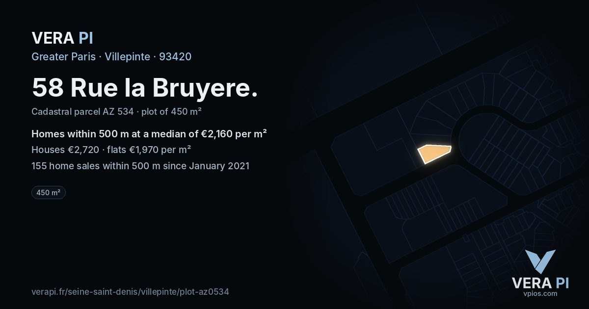 58 Rue la Bruyere, Villepinte at night – the plot lit, the parcels around coloured by the prices near them