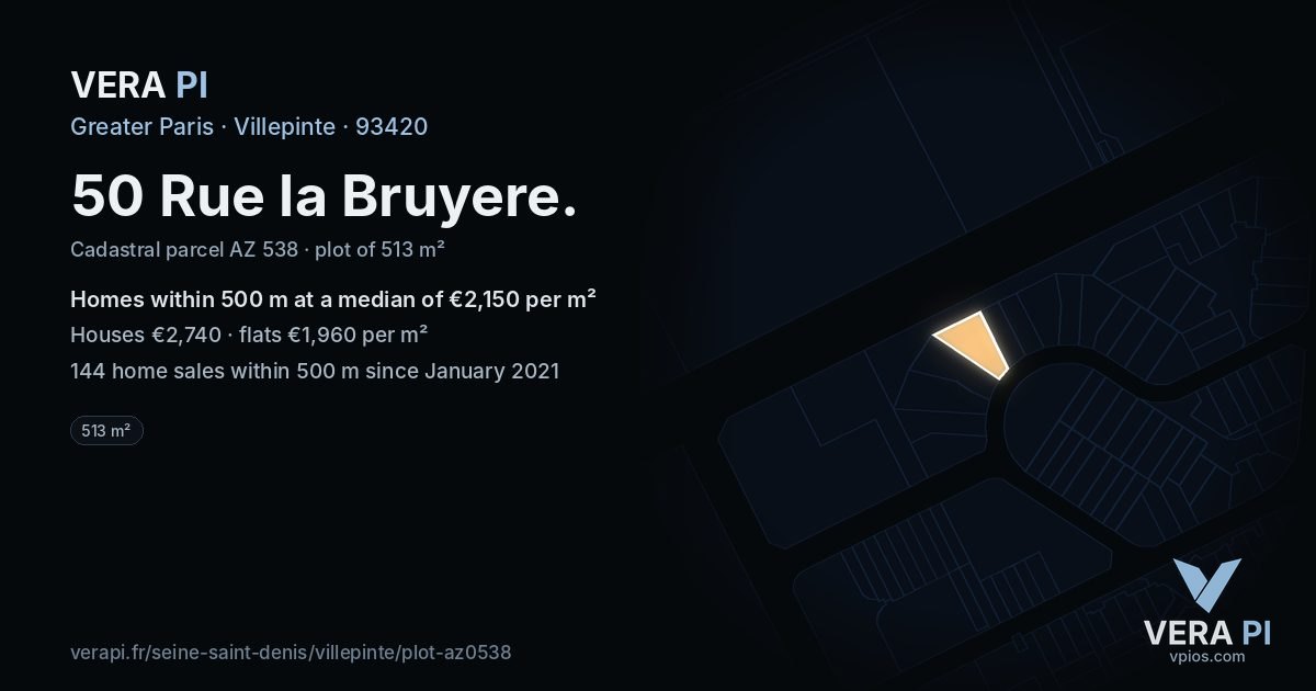 50 Rue la Bruyere, Villepinte at night – the plot lit, the parcels around coloured by the prices near them