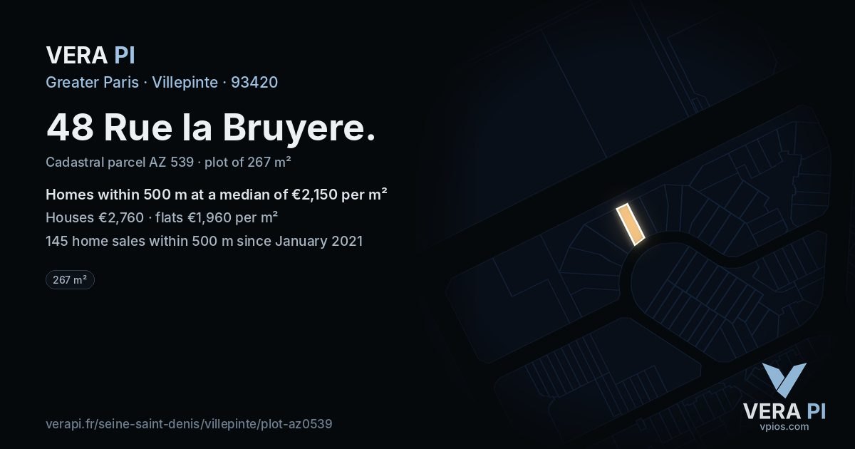48 Rue la Bruyere, Villepinte at night – the plot lit, the parcels around coloured by the prices near them