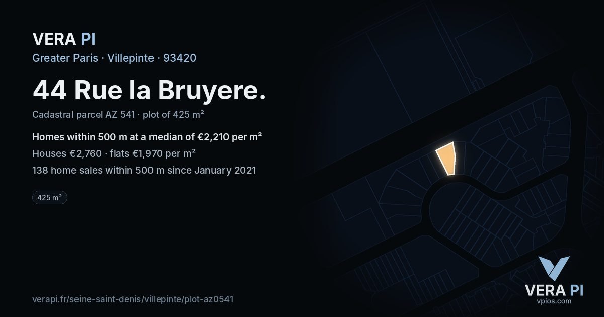 44 Rue la Bruyere, Villepinte at night – the plot lit, the parcels around coloured by the prices near them