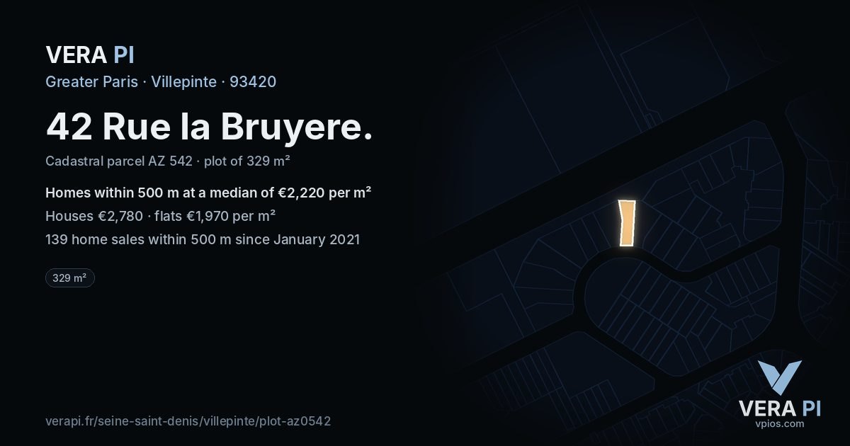 42 Rue la Bruyere, Villepinte at night – the plot lit, the parcels around coloured by the prices near them