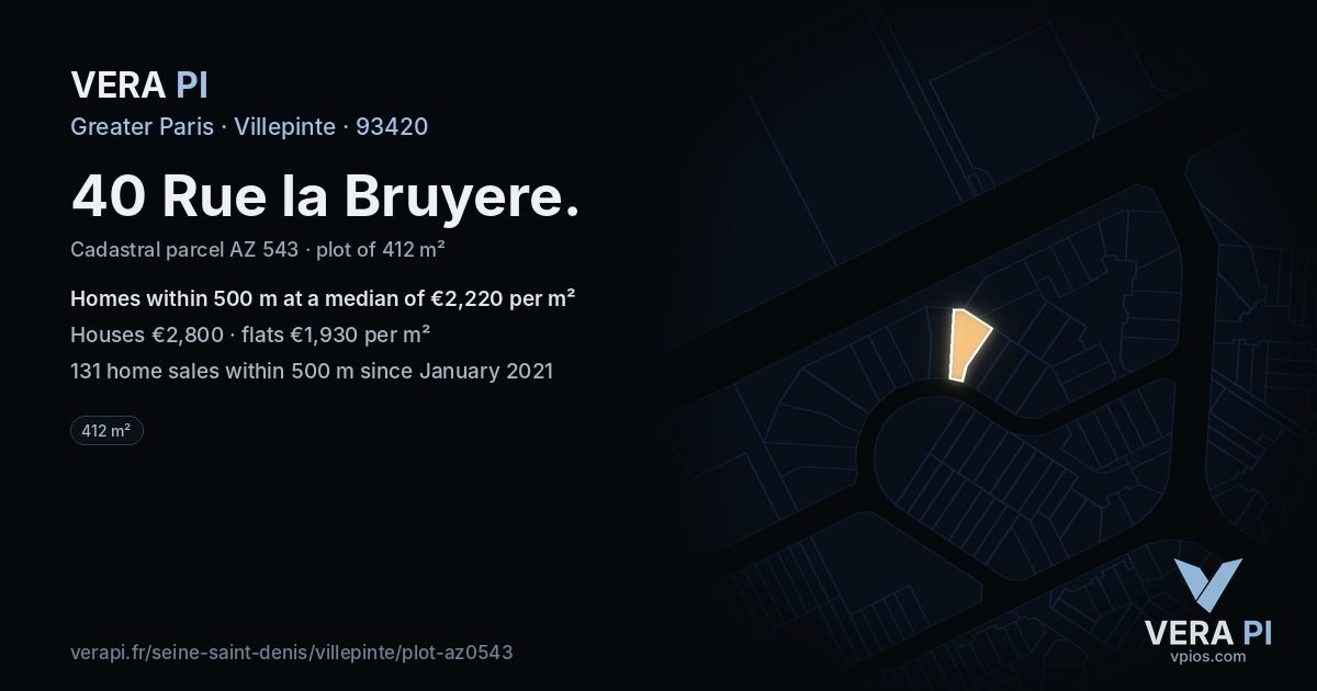 40 Rue la Bruyere, Villepinte at night – the plot lit, the parcels around coloured by the prices near them