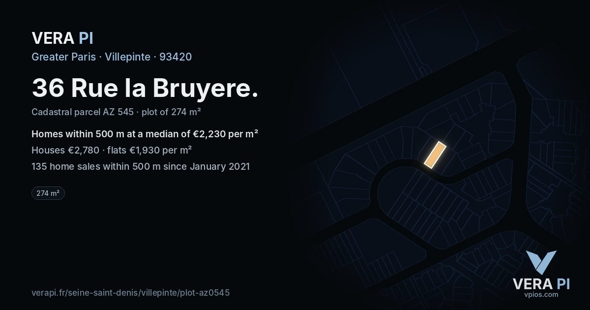 36 Rue la Bruyere, Villepinte at night – the plot lit, the parcels around coloured by the prices near them